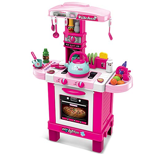 BAKAJI 8051739529487 Spielzeugküche Kinder Lichter Geräusche und Wasserkocher Funktionierende 29 Zubehör Rosa, 87 x 64 x 29 cm von BAKAJI