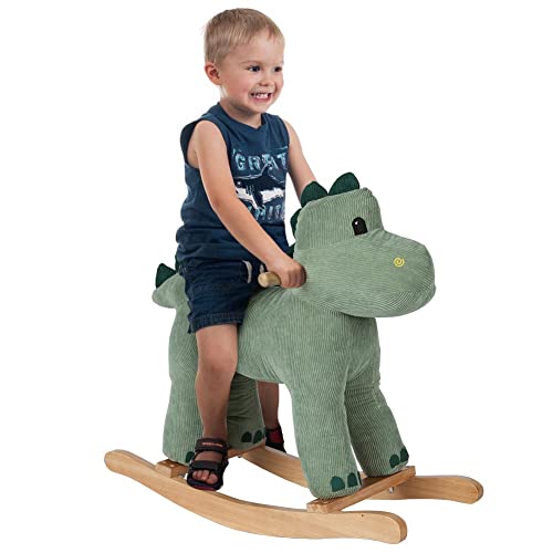 BAKAJI Dinosaurier mit Schaukel, Spielzeug für Kinder mit realistischen Klängen und Struktur aus Holz und Stoff, Qualitätsspielzeug, Größe 64 x 26 x 55 cm von BAKAJI