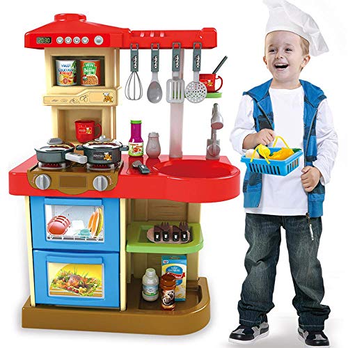 BAKAJI Kinderspielküche mit funktionierendem Herd Lichter und Sound Ofen und Spülmaschine zum Öffnen Spüle und 30 Zubehörteile My Little Chef Spiel inklusive Größe 52 x 26 x 72 cm (Hellblau) von BAKAJI