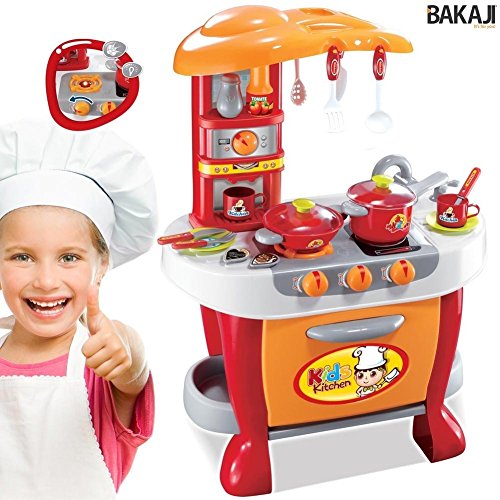 BAKAJI Küche für Mädchen, Spielzeug, 31 Zubehörteile, mit Licht- und Geräuschen, Höhe 70 cm, Töpfe und Pfannen, Besteck, Herd, Dosen (Orange) von BAKAJI