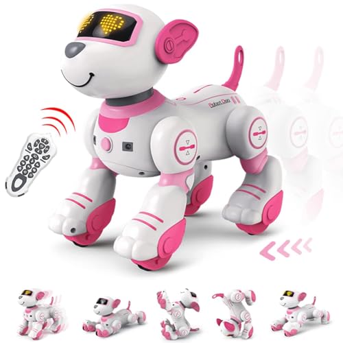 BAKAJI Rosa ferngesteuerter Roboter, interaktiver Hund für Kinder, Spielzeug mit Sprachsteuerung, Haustier mit Akku, wiederaufladbar, Bell, Schwanz, Geschenkidee von BAKAJI