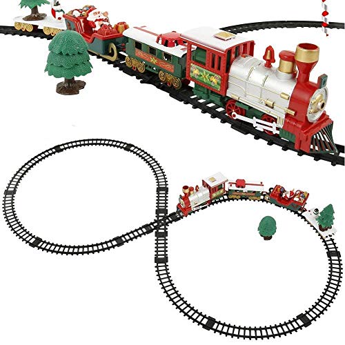 BAKAJI Weihnachtszug unter Baum 3in1 Lokomotive Lichter Geräusche mit Wagen + Schlitten Weihnachtsmann Weihnachtsdekoration Strecke Acht Größe 90 x 43 cm Spielzeug Kinder von BAKAJI