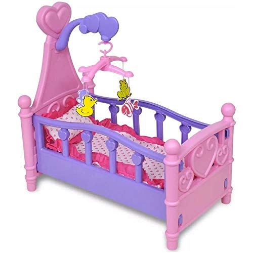 Bakaji Babybett für Puppen Babybett Babybett mit drehbarem Mobile Bettwäsche und Kissen aus Stoff weiß und rosa Kunststoffrahmen Spielzeug Kinder Größe 49 x 49 x 28 cm von BAKAJI