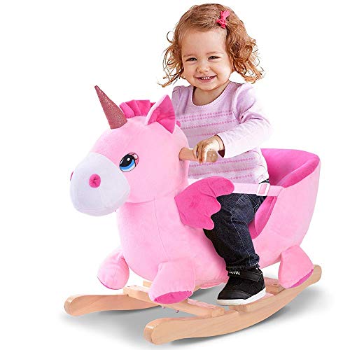 Bakaji Schaukeleinhorn, Schaukeltier Plüsch Schaukel Wippe Pferd Einhorn Kinder Baby Spielzeug, Sound-Geräusche, inkl. Sicherheitsgurt, Balancetraining von BAKAJI