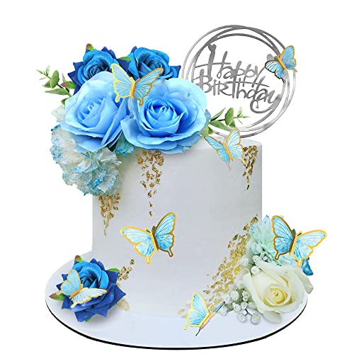 19 Stück Blumen-Kuchenaufsätze, Schmetterling, Happy Birthday, Kuchendekorationen mit künstlichen blauen Rosen, Eukalyptus, Schmetterlingen für Party, Hochzeit, Babyparty, Zubehör (blau) von BANBALLON