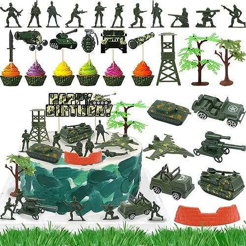 35 Stück Camo Kuchen Cupcake Topper Camouflage Kuchen Dekorationen Armee Militär Party Supplies mit Camo Happy Birthday Kuchen Topper Armee Männer Panzer Fahrzeuge für Armee Militär Mottoparty Jungen Mädchen Veteran von BANBALLON