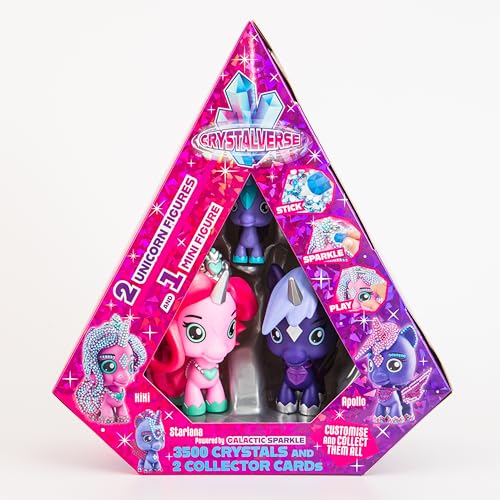 BANDAI, Crystalverse CU49509 Deluxe-Puppe, Mehrfarbig, Set mit 2 Einhörnern, einem Mini-Einhorn und 3500 farbigen Kristallen, Lassen Sie Ihre Haustiere erstrahlen von BANDAI