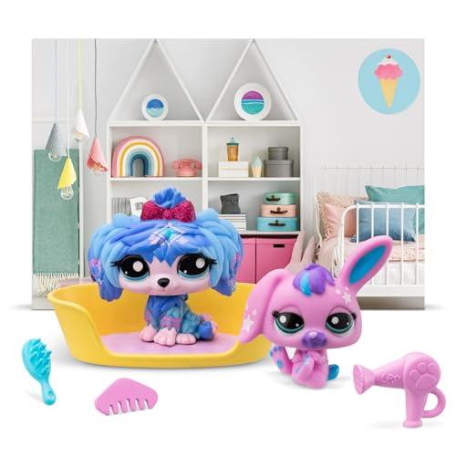 BANDAI Littlest Pet Shop Petfluencer Super Salon | Petfluencer Set enthält 2 LPS-Mini-Haustierspielzeuge, 4 Zubehörteile, 1 Hintergrund, 1 Sammelkarte und 1 virtuellen Code, Sammelspielzeug für von Littlest Pet Shop