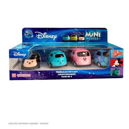 BANDAI Mini Cutes Cars AR79362 Set mit 4 Reibungsfahrzeugen, 6 cm, Disney-Spielzeug: Mickey, Sulley, Catshire, Stich, mehrfarbige Spielzeugfahrzeuge der Lieblingsfiguren von BANDAI