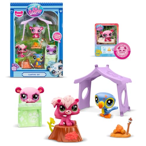 BANDAI - Littlest Pet Shop - Pack Set Camping 3 Tiere und Zubehör - Pet Shop Panda, Tukan, Eichhörnchen - Spielzeugset mit niedlichen Mini-Tierfiguren - Spielzeug für Kinder ab 4 Jahren - BF00574 von Littlest Pet Shop