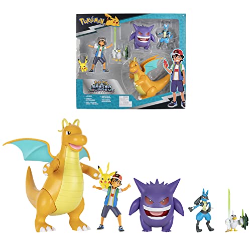 Bandai - Pokémon – Pack mit 6 Pokémon-Figuren – Figur Sasha mit Pikachu 12 cm + Figur Ectoplasma 12 cm + Figur Lucario 8 cm + Figur Palarticho 8 cm + Dragoruss-Figur 30 cm – JW2760 von BANDAI