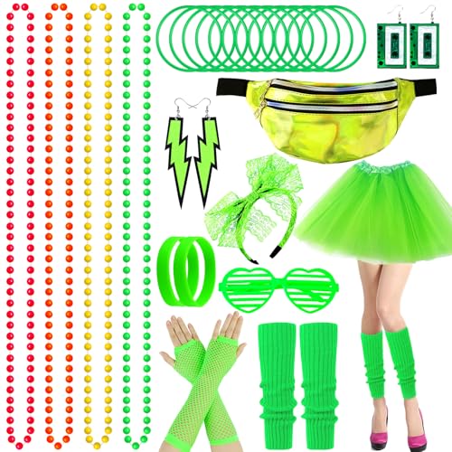 BARAKYEG 80er Jahre Outfit Damen Tutu,Bauchtasche,Beinwärmer,Armbänder,Halskette,Ohrring,Brille,80s 90er Jahre Thema Retro Neon Party Outfit Karneval für Halloween,80er Jahre Kleidung Damen Set von BARAKYEG