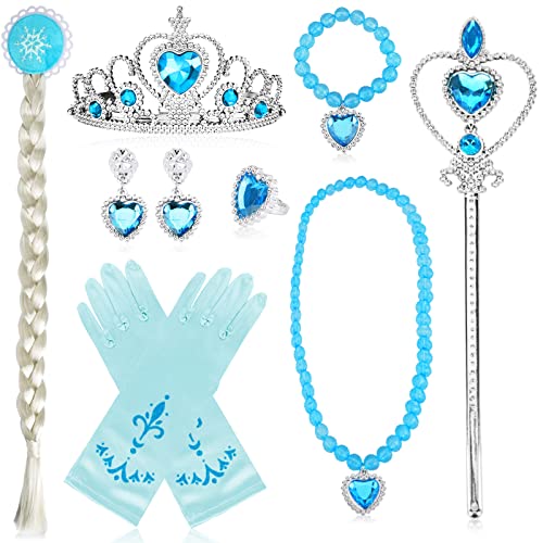 BARAKYEG Prinzessin Kostüme Zubehör,8 Stück Elsa kostüm mädchen,Geschenk ​aus Diadem,Handschuhe,Zauberstab,Halsketten Set für Weihnachten Verkleidung Karneval Halloween Cosplay Geburtstag von BARAKYEG