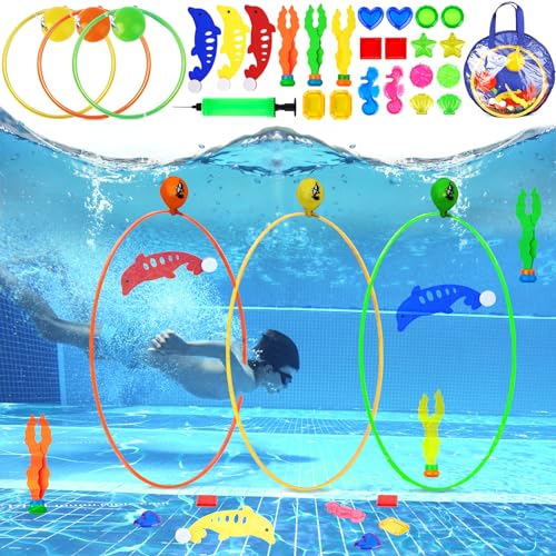 BARAKYEG Tauchspielzeug,27PCS Tauchringe für Kinder mitAufbewahrungstasche,Wasserspielzeug Kinder Outdoo fürTauchtraining Poolparty Schwimmbad Spielzeug Tauchen Spielzeug,Pool Spielzeug ab 5-12 Jahren von BARAKYEG