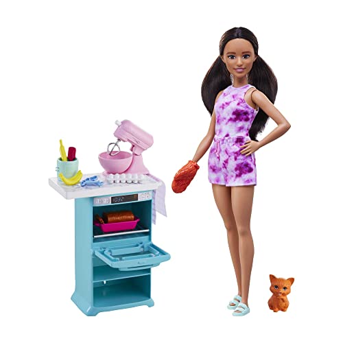 Barbie-Küchenspielzeug, gewellten braunen Haaren, Accessoires, Backspielzeug, Kätzchen, inkl. 1 Puppe, Geschenk für Kinder, Spielzeug ab 3 Jahre,HCD44 von Barbie