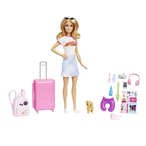 Barbie-Puppe, Reise-Barbie mit blonden Haaren, 10+ Reisezubehör, Aufkleber, Koffer, Welpe, inkl. 1 Puppe, Geschenk für Kinder, Spielzeug ab 3 Jahre,HJY18 von Barbie