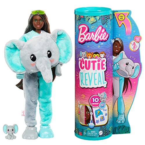 Barbie Cutie Reveal, bewegliche Elefanten-Accessoires, 10 Überraschungen, Haustier, Farbwechseleffekt, inkl Cutie Reveal Puppe, Geschenk für Kinder, Spielzeug ab 3 Jahre,HKP98 von Barbie