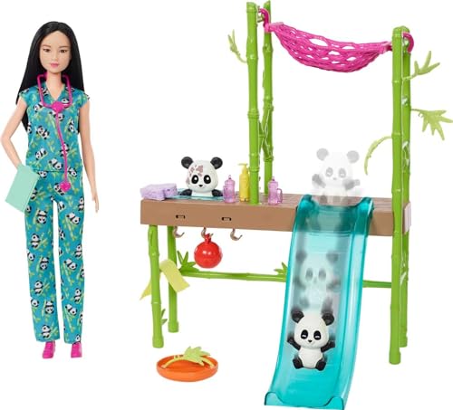 Barbie You Can Be Anything Series, Panda Care and Rescue, Puppe mit schwarzen Haaren, 2 Pandabären, Zubehör, Farbwechseleffekt, Geschenk für Kinder ab 3 Jahren,HKT77 von Barbie