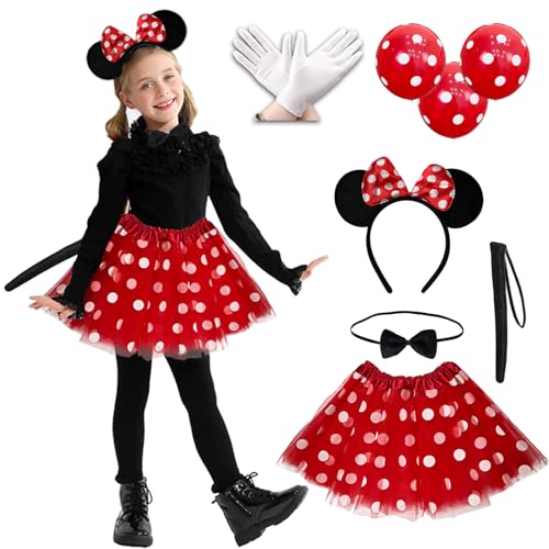 BARVERE 8 Stück Mouse Kostüm Kinder, Cosplay Kostüm Set mit Tull Rock, Haarreif mit Rot Schleife & Weißen Punkten, Weiße Handschuhe, Schwänze, Ballon & Krawatte für Fasching Karneval Motto Party von BARVERE