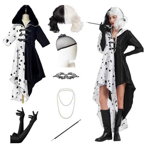 BARVERE Cruella Devil Kostüm Damen Set, Halloween Kostüm Damen mit Cruella Kleid, Perücke, Haarnetz, Handschuhe, Perlenkette, Augenschirm, Costume Film Charakter Verkleidung Damen für Karneval Party-M von BARVERE