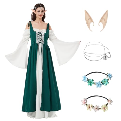 BARVERE Mittelalter Kostüm Damen, Renaissance Kleid Damen Set mit Elfenohren und 3 Haarschmuck, Burgfräulein Kostüm Damen für Fasching Halloween (Grün, L) von BARVERE