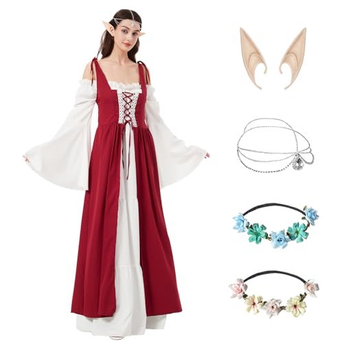 BARVERE Mittelalter Kostüm Damen, Renaissance Kleid Damen Set mit Elfenohren und 3 Haarschmuck, Burgfräulein Kostüm Damen für Fasching Halloween (Rot, L) von BARVERE