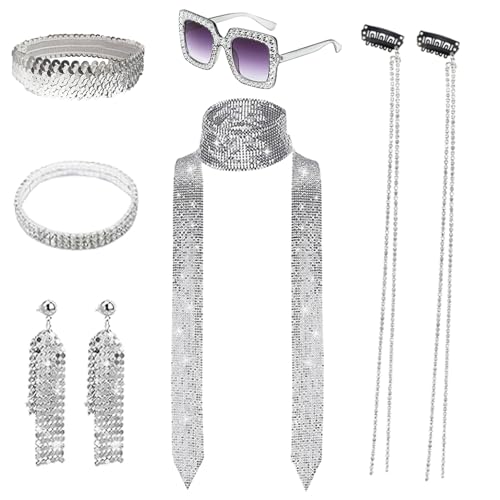 BARVERE Disco Outfit Damen Accessoires 7 Stück, 60er 70er 80er Accessoires Abba Kostüm Damen, 2025 Hippie Accessoires Sonnenbrill Glitzer Haarband Quaste Ohrringe Strass Halskette Armband Karneval von BARVERE