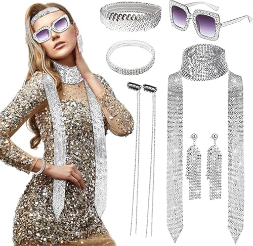 BARVERE Disco Outfit Damen Accessoires 7 Stück, 60er 70er 80er Accessoires Abba Kostüm Damen, 2025 Hippie Accessoires Sonnenbrill Glitzer Haarband Quaste Ohrringe Strass Halskette Armband Karneval von BARVERE