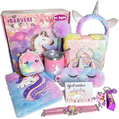 BARVERE Einhorn Geschenke für Mädchen, Einhorn Kuscheltier Spielzeug für 6 7 8 9 10 Jährige, Spielzeug Mädchen Set mit Augenmaske Stirnband Trinkflasche Decke, Geburtstag Geschenk von BARVERE