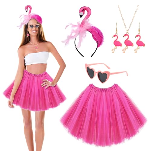 BARVERE Flamingo Kostüm Damen, Kostüm Damen Fasching mit Haarreif Flamingo, Accessoire Flamingo, Stirnband Haarband Flamingo, Tropischer Kostüm für Hawaii Party Karneval Fasching Sommer Party von BARVERE