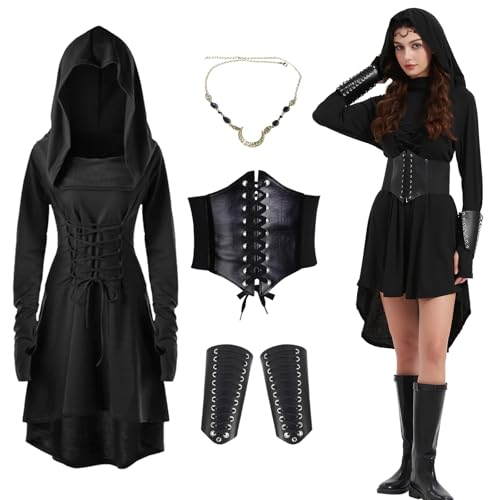 BARVERE Gothic Kleid Damen, Mittelalter Kleidung Damen mit Armband & Schutzausrüstung, Halloween Renaissance mit Kapuze, Halloween Kostüm für Halloween Karneval (L) von BARVERE