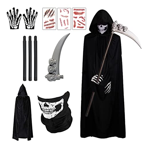 BARVERE Teufel Kostüm Karneval, Sensenmann Kostüm Damen & Herren, Totenkopf Maske Set mit Sensemann Umhang, Halloween Sense und Handschuhe, Totenkopf Kostüm Unisex für Cosplay Halloween Karneval Party von BARVERE