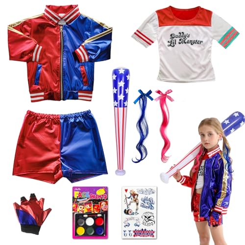 BARVERE Cosplay Kostüm Kinder, Cosplay Kostüme mit Jacke, T-Shirt, Shorts, Handschuh, Aufblasbarer Baseballschläger, Kinderschminke und Perücke, Karneval Kostüme -140cm von BARVERE