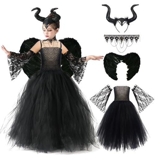 BARVERE Maleficent Kostüm Kinder, 6tlg Böse Königin Set mit Hörner Flügel Kette, Prinzessin Tüllkleid Festkleid Engelsflügel Halloween Fasching Karneval Verkleidung Partykleid Outfits-L von BARVERE