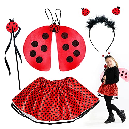 BARVERE Marienkäfer Kostüm Mädchen, Ladybug Kostüm Mädchen mit Tüllrock, Flügel, Zauberstab und Haarreif, Marienkäfer Kostüm Set für Fasching Karneval Motto Party von BARVERE