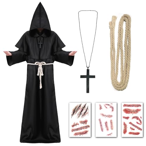 BARVERE Mönch Kostüm Herren, Halloween Kostüm Herren Set, Priester Kostüm Herren mit Kreuz, Gürtel und Narbenaufkleber, Mittelalter Renaissance Hooded Mönchskutte für Halloween Karneval (L, Schwarz) von BARVERE