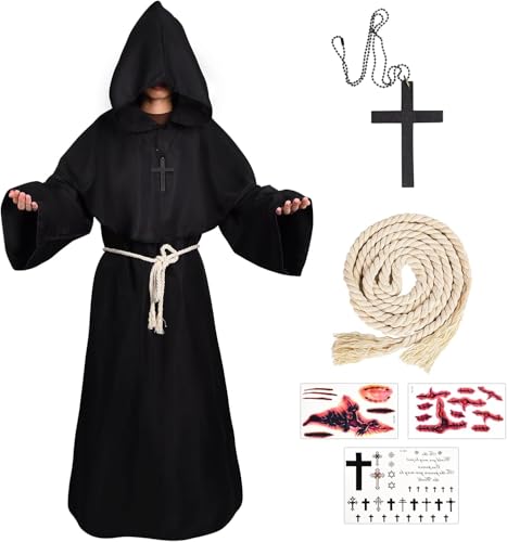 BARVERE Mönch Kostüm Herren, Halloween Kostüm Herren Set, Priester Kostüm Herren mit Kreuz, Gürtel und Narbenaufkleber, Mittelalter Renaissance Hooded Mönchskutte für Halloween Karneval (XXL, Schwarz) von BARVERE