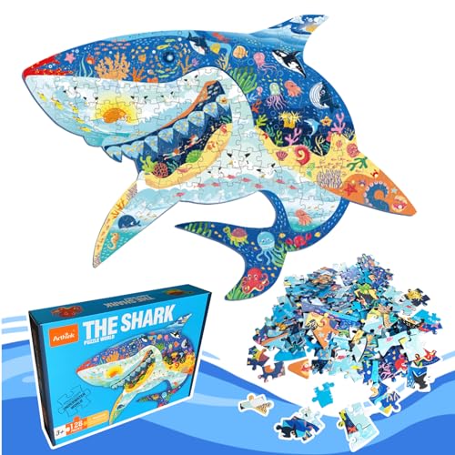 BARVERE Puzzle Kinder, 128 Teile Tier Besondere Puzzle, Pädagogisches Spielzeug, Kinderpuzzle Geschenk für Jungen Mädchen ab 5-12 Jahren (Hai) von BARVERE