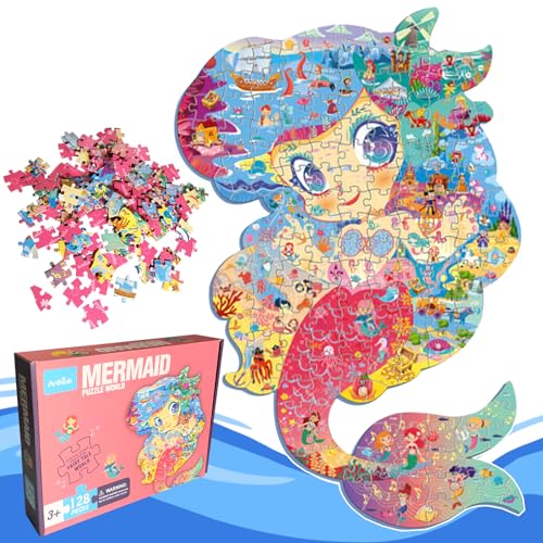 BARVERE Puzzle Kinder, 128 Teile Tier Besondere Puzzle, Pädagogisches Spielzeug, Kinderpuzzle Geschenk für Jungen Mädchen ab 5-12 Jahren (Meerjungfrau) von BARVERE