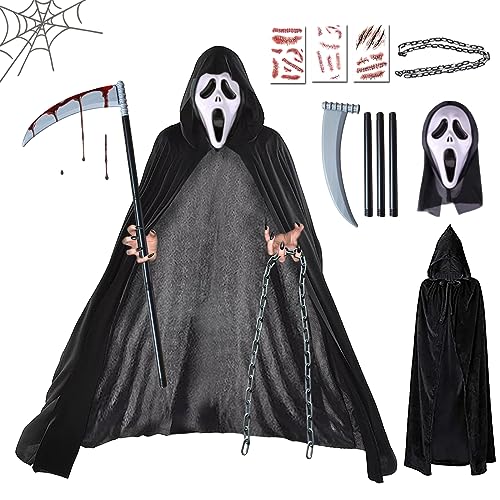 BARVERE Schauriges Screaming Ghost Kostüm, Killer Maske Set inkl. Umhang, Sense, schreiende Maske, Silberkette 1M und Narbenaufkleber*3 für Karneval, Fasching, Halloween von BARVERE