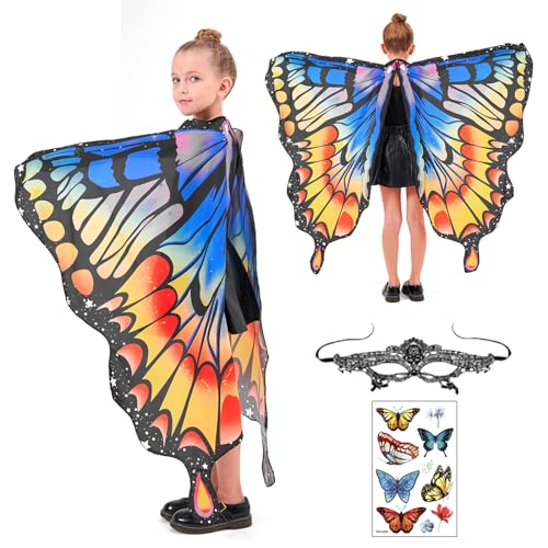 BARVERE Schmetterling Kostüm Kinder, Schmetterlingsflügel Kinder mit Augenmaske und Schmetterling Aufkleber, Prinzessin Party Elfen Set Cosplay Faschingkostüme für Halloween Karneval - A von BARVERE