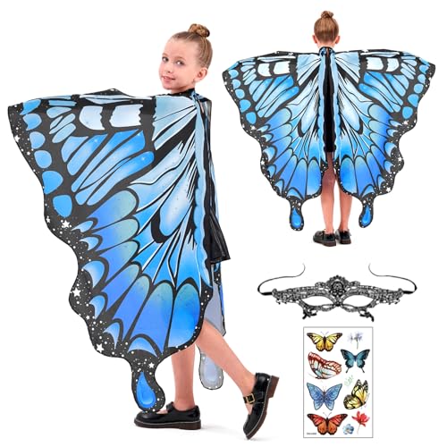 BARVERE Schmetterling Kostüm Kinder, Schmetterlingsflügel Kinder mit Augenmaske und Schmetterling Aufkleber, Prinzessin Party Elfen Set Cosplay Faschingkostüme für Halloween Karneval - B von BARVERE