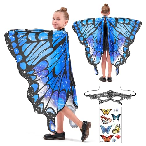 BARVERE Schmetterling Kostüm Kinder, Schmetterlingsflügel Kinder mit Augenmaske und Schmetterling Aufkleber, Prinzessin Party Elfen Set Cosplay Faschingkostüme für Halloween Karneval - D von BARVERE