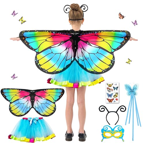 BARVERE Schmetterling Kostüm Kinder, Schmetterlingsflügel Kinder mit Rock, Personal, Augenmaske und Schmetterling Aufkleber, Prinzessin Party Elfen Set Cosplay Faschingkostüme für Karneval (Blue) von BARVERE