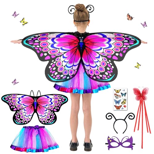 BARVERE Schmetterling Kostüm Kinder, Schmetterlingsflügel Kinder mit Rock, Personal, Augenmaske und Schmetterling Aufkleber, Prinzessin Party Elfen Set Cosplay Faschingkostüme für Karneval (Red) von BARVERE