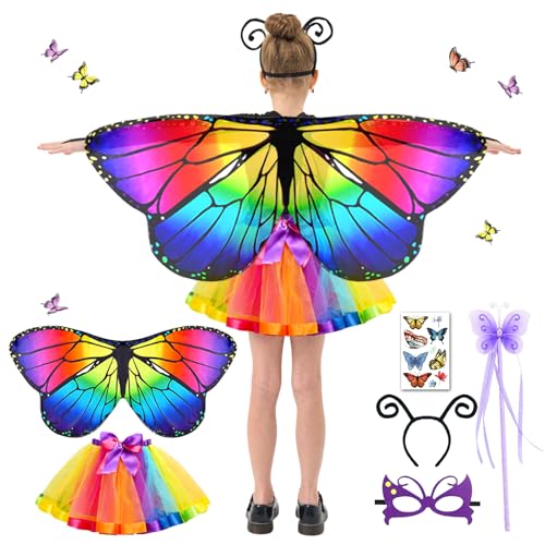 BARVERE Schmetterling Kostüm Kinder, Schmetterlingsflügel Kinder mit Rock, Personal, Augenmaske und Schmetterling Aufkleber, Prinzessin Party Elfen Set Cosplay Faschingkostüme für Karneval (Colorful) von BARVERE