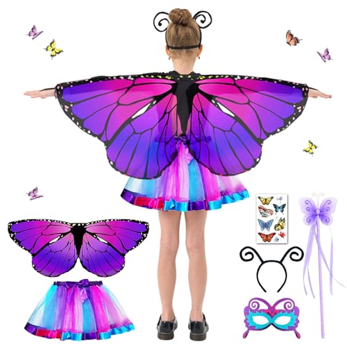 BARVERE Schmetterling Kostüm Kinder, Schmetterlingsflügel Kinder mit Rock, Personal, Augenmaske und Schmetterling Aufkleber, Prinzessin Party Elfen Set Cosplay Faschingkostüme für Karneval (Purple) von BARVERE