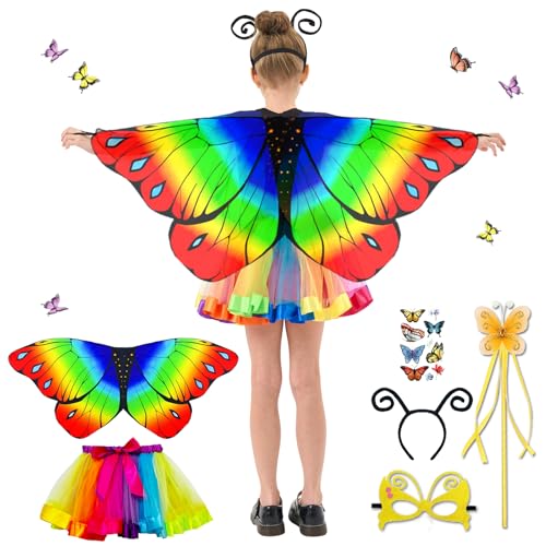 BARVERE Schmetterling Kostüm Kinder, Schmetterlingsflügel Kinder mit Rock, Personal, Augenmaske und Schmetterling Aufkleber, Prinzessin Party Elfen Set Cosplay Faschingkostüme für Karneval (Yellow) von BARVERE