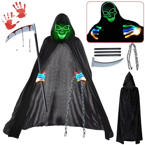 BARVERE Sensenmann Kostüm, 150 cm Sensemann Umhang mit Leuchtende Maske Set, Handschuhe, Halloween Sense und Kette, Halloween Kostüm Unisex für Party Karneval Cosplay Herren Kinder Jungen Kind von BARVERE