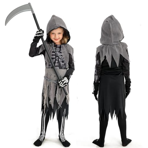 BARVERE Sensenmann Mädchen Kostüm mit Halloween Sense, Kette, Socken und Handschuhe, Halloween Kostüm Kinder Mädchen für Halloween Cosplay Dress Up Party - L von BARVERE